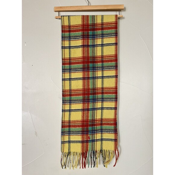Vintage Ralph Lauren Cashmere Wool Yellow Plaid Tartan Scarf Blue Label,‎ Rare! - Picture 1 of 6